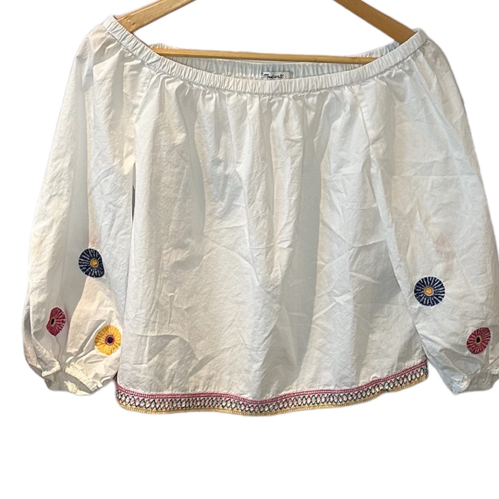 Madewell Embroidered Floral White Cotton Off the Shoulder Blouse Size XS